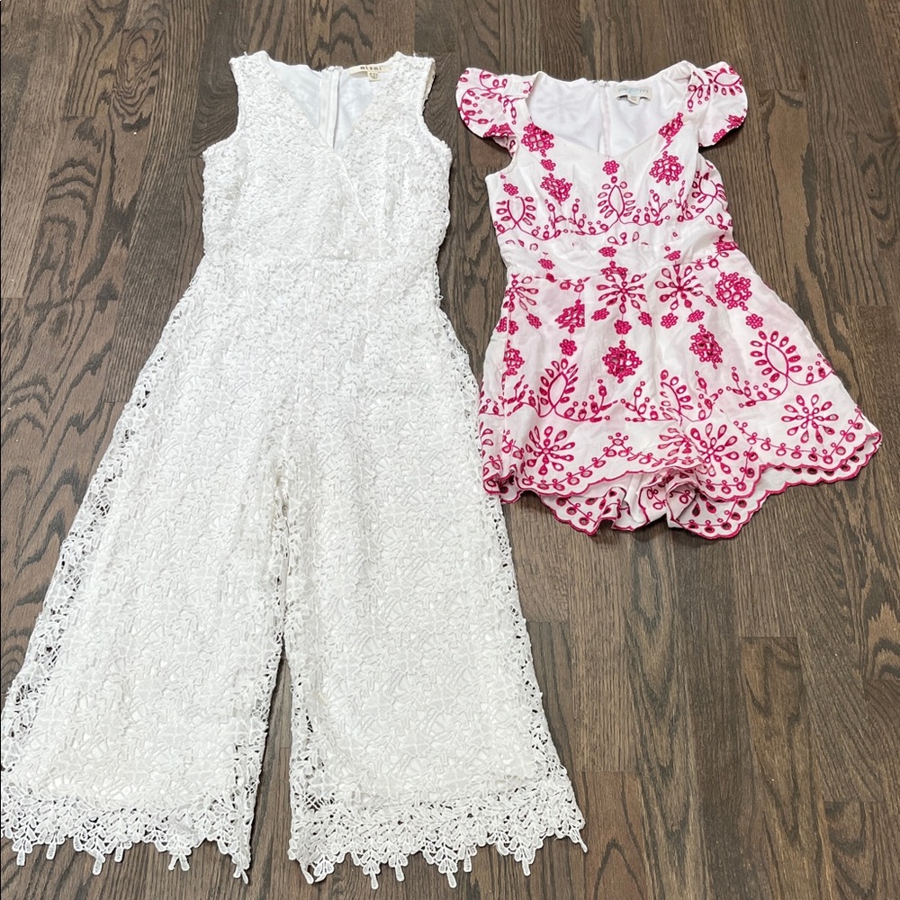 miami White Lace Wide-Leg Jumpsuit & White Romper with Pink Embroidery
